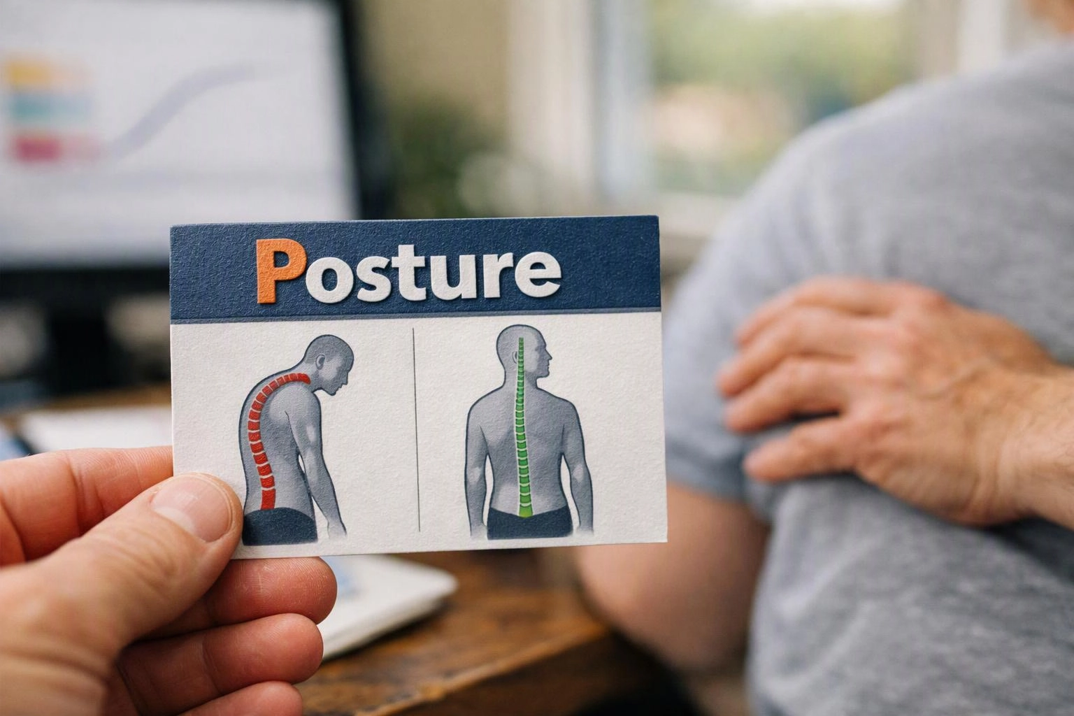 A hand holds a posture card showing curved and straight spine diagrams