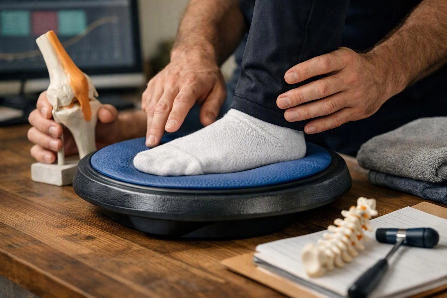 A therapist adjusts a foot on a balance board beside an anatomy model and medical tools on a desk