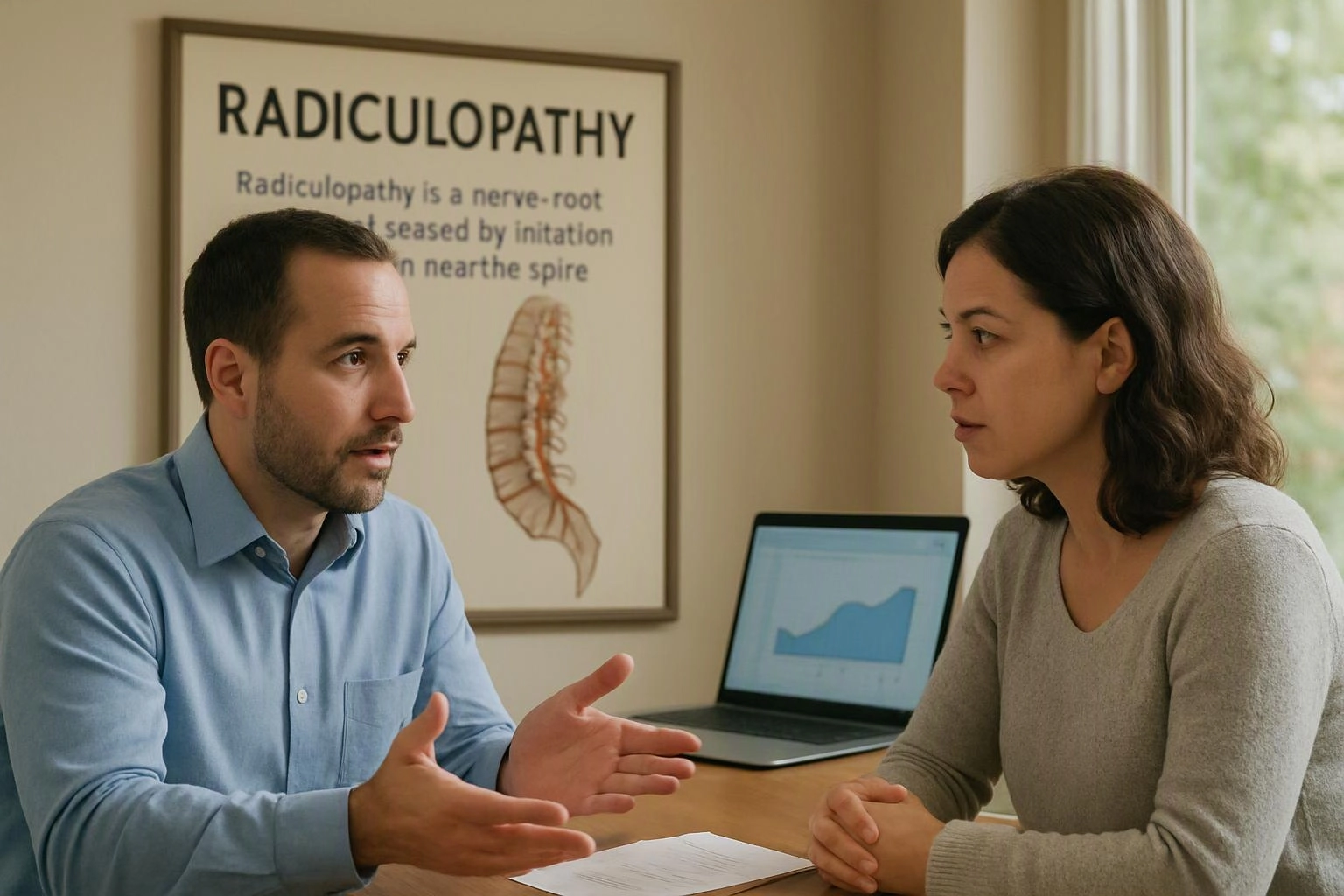 A man talks with a woman across a desk, with a spine poster and open laptop in a bright office