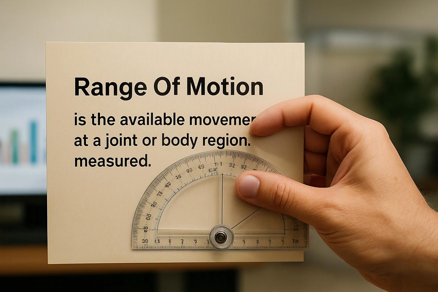 A hand holds a card with “Range Of Motion” and a clear plastic protractor in front of a blurred office background