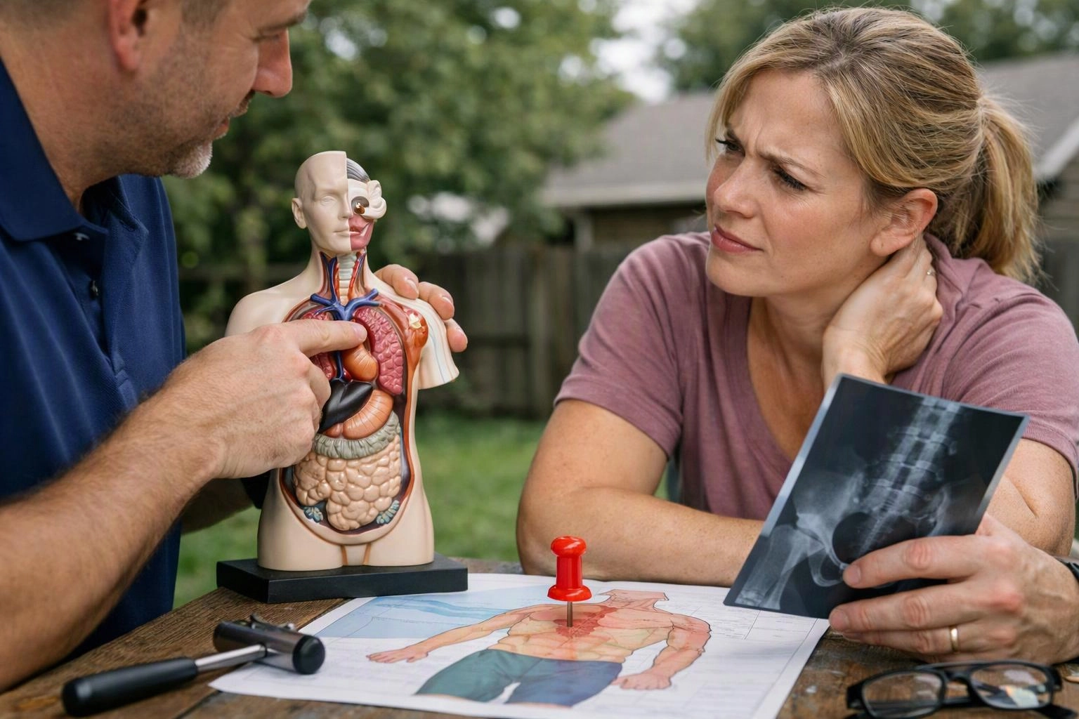 A man points to an anatomy model while a woman studies an X-ray at an outdoor table