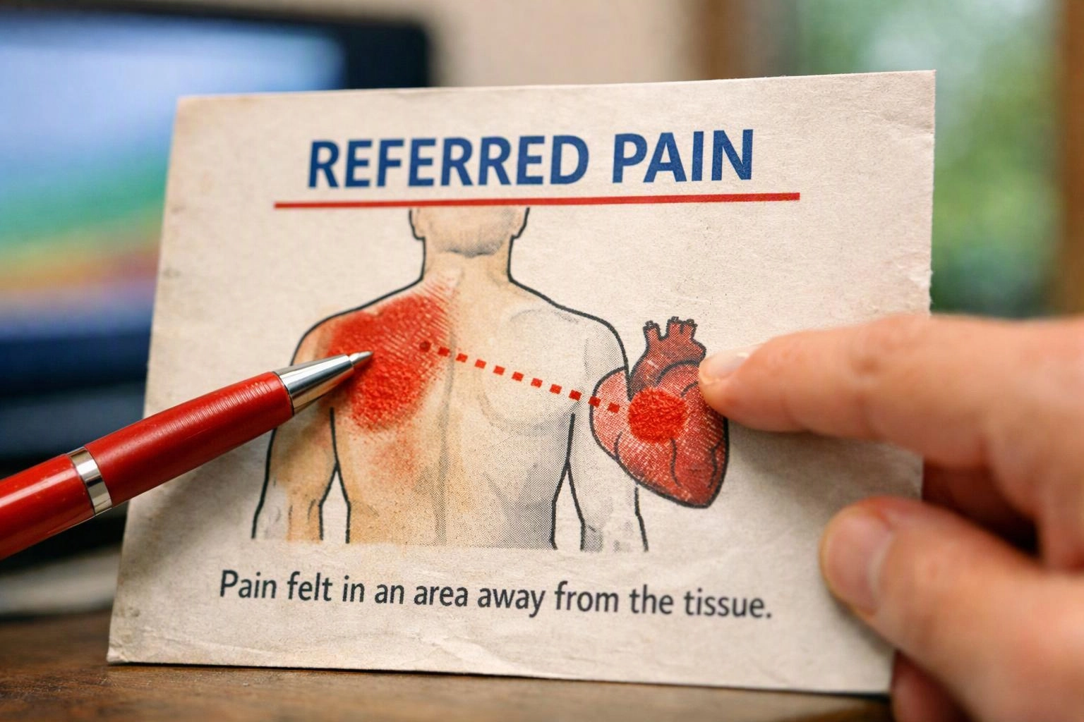 A hand points to a medical card showing a back and heart diagram labeled “REFERRED PAIN”