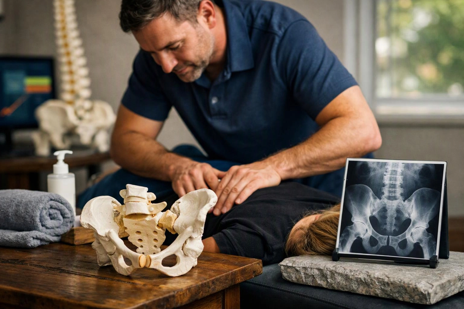 A man in a navy shirt presses on a patient’s lower back beside a pelvis model and spine x-ray in a clinic room