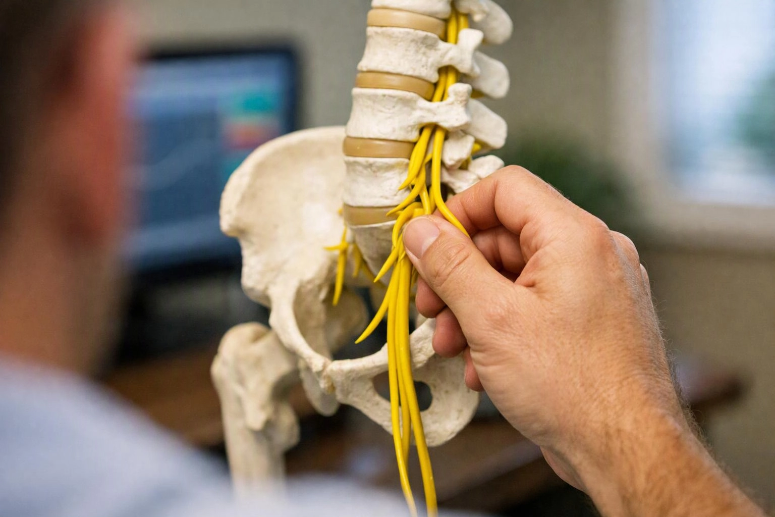 A hand adjusts yellow nerve cords on a spine and pelvis model in a classroom setting