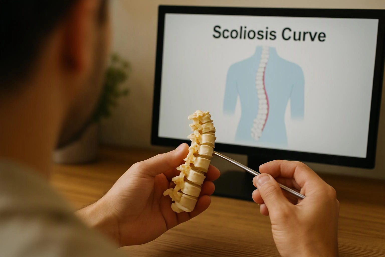 A person holds a spine model and points at a monitor showing a scoliosis curve diagram