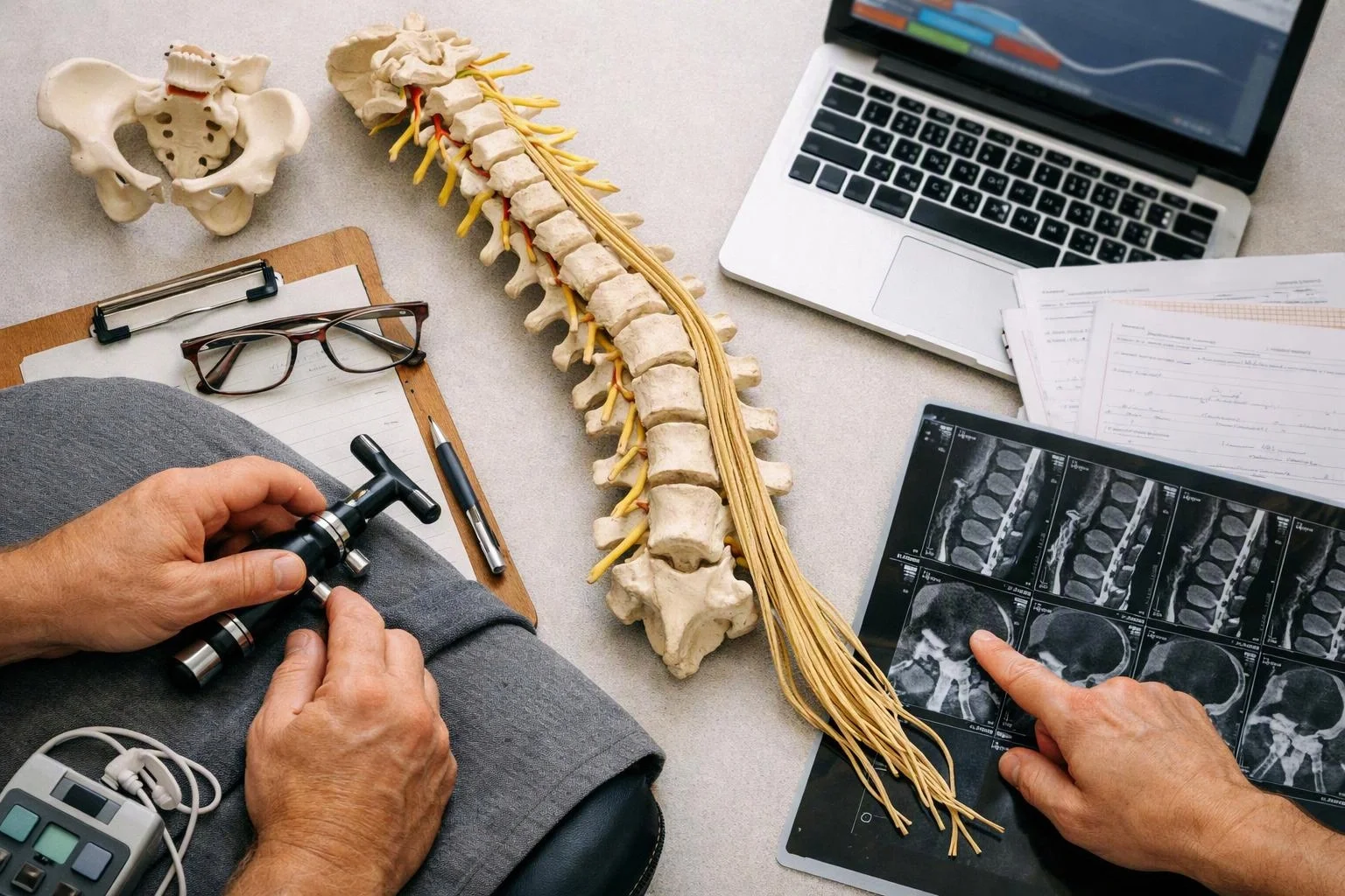 Hands examine spine models, medical scans, glasses, and a laptop on a clinic desk