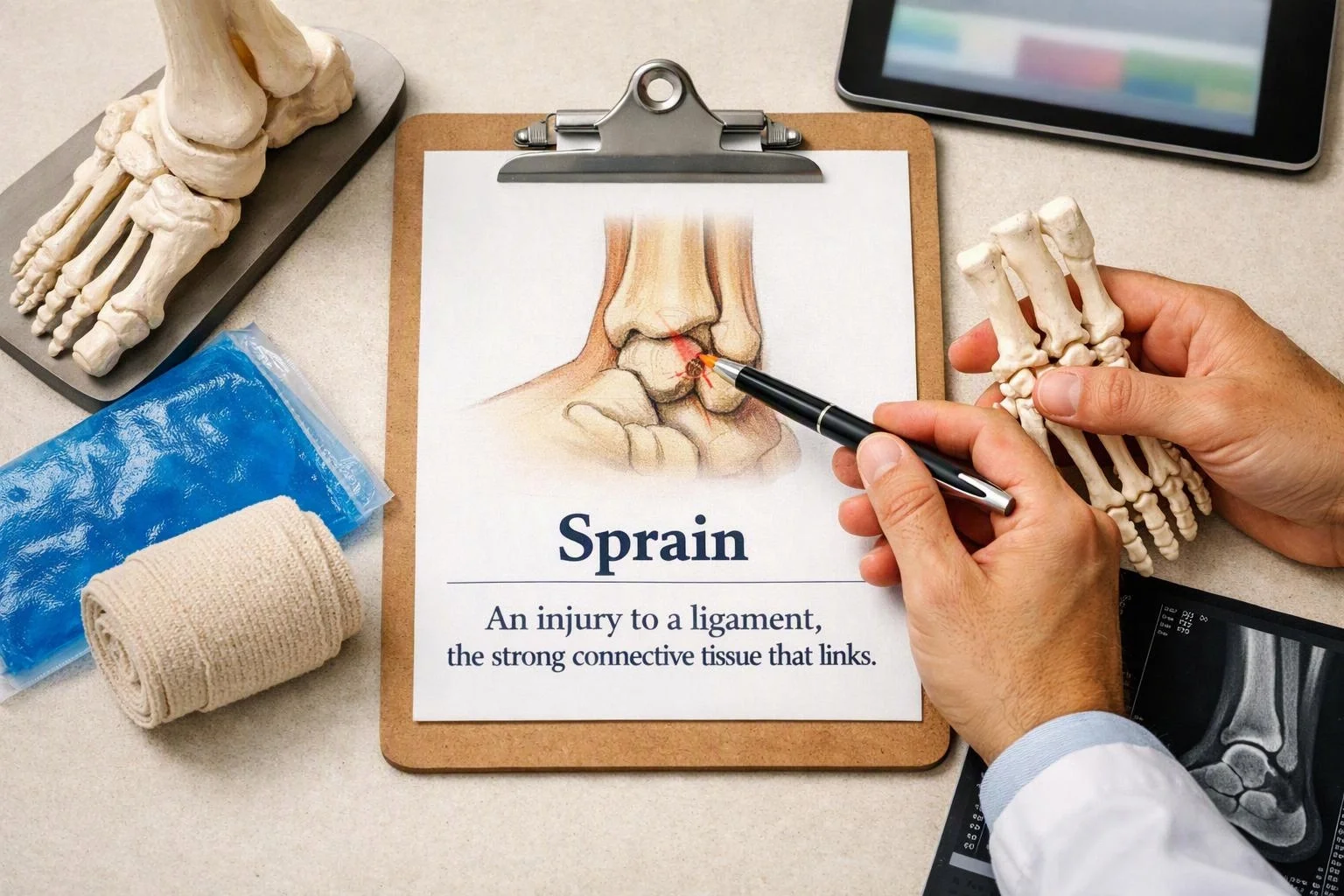 A doctor’s hands point at a sprain diagram on a clipboard beside foot bones, an ice pack, a bandage, and X-rays