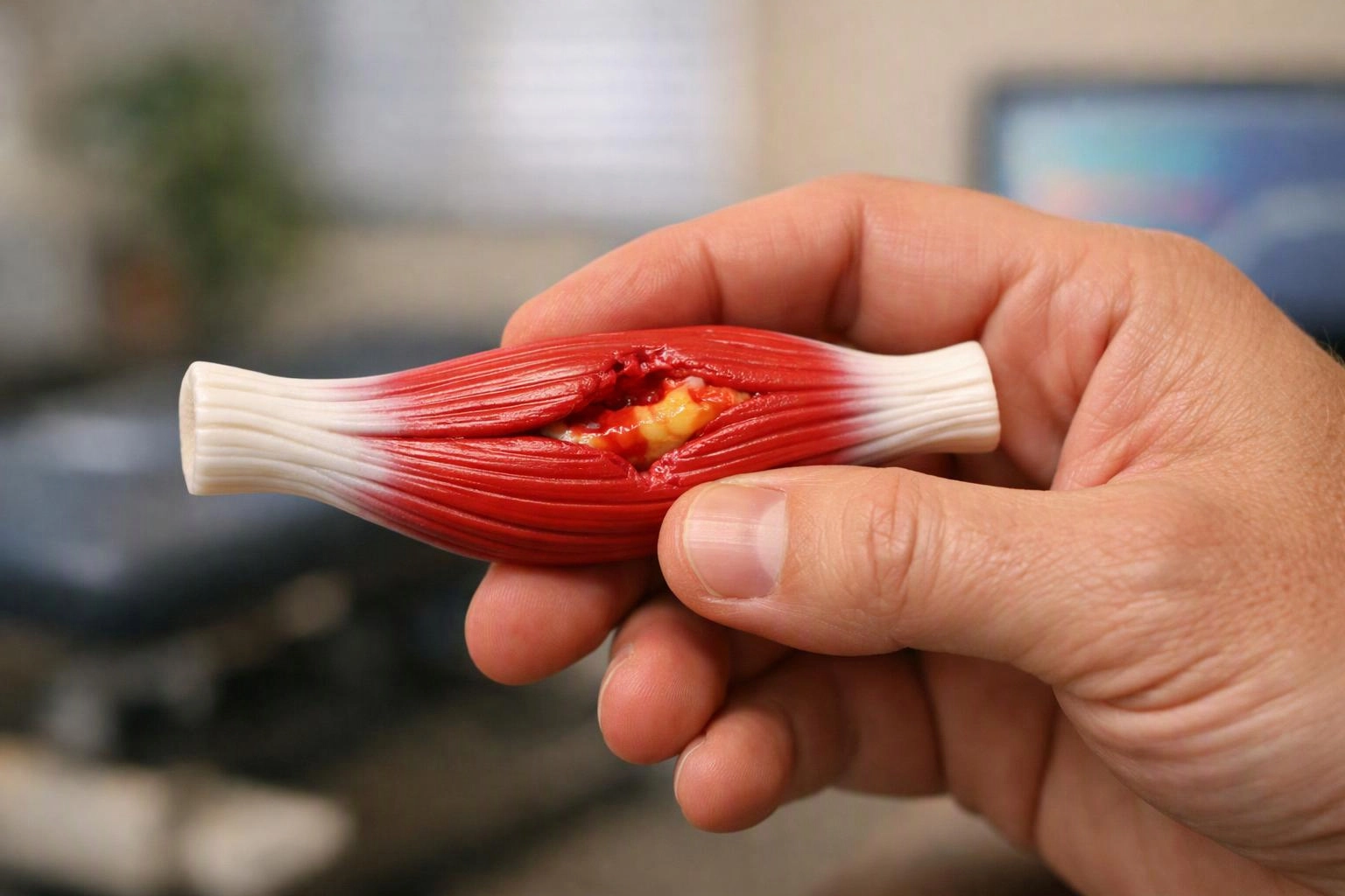A hand holds a small red-and-white anatomical muscle model with a torn center exposing yellow material