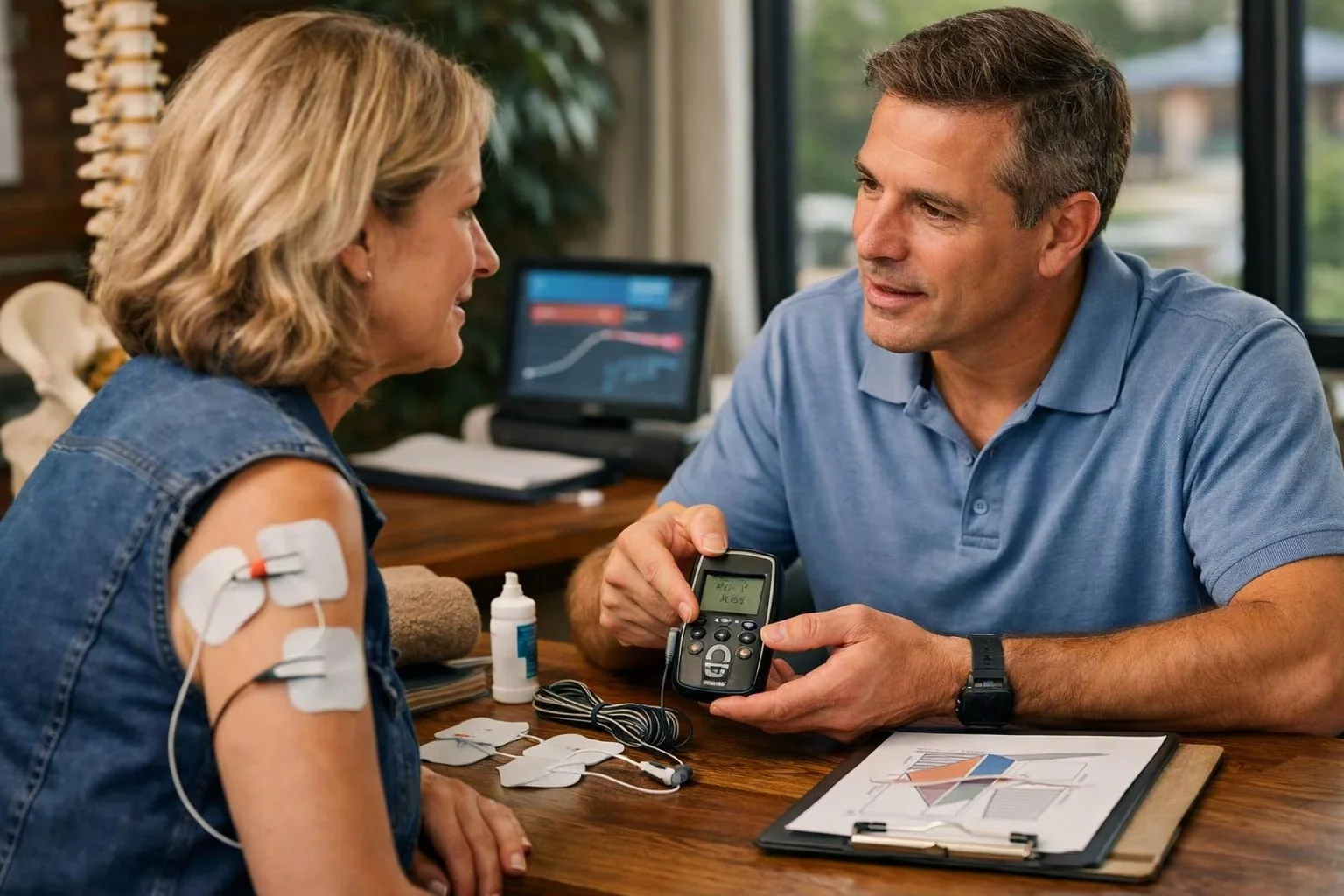 A man shows a woman a handheld medical device while she wears electrode pads on her arm in a clinic office
