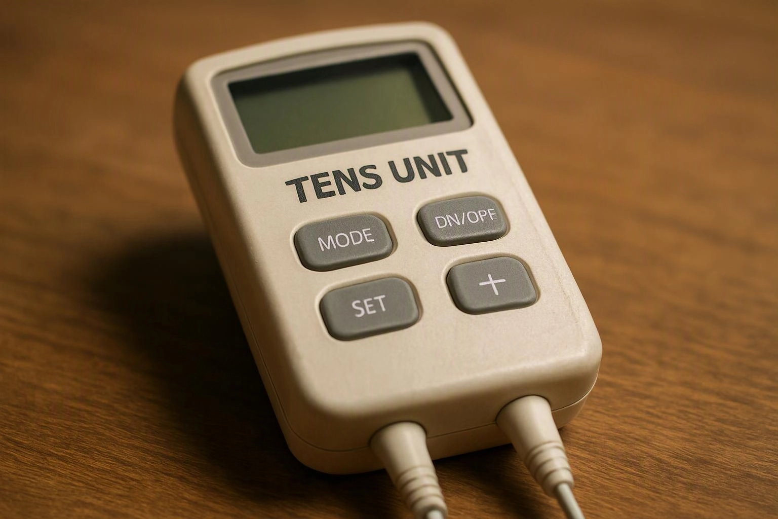 A beige TENS unit rests on a wooden table, with buttons and two cables visible