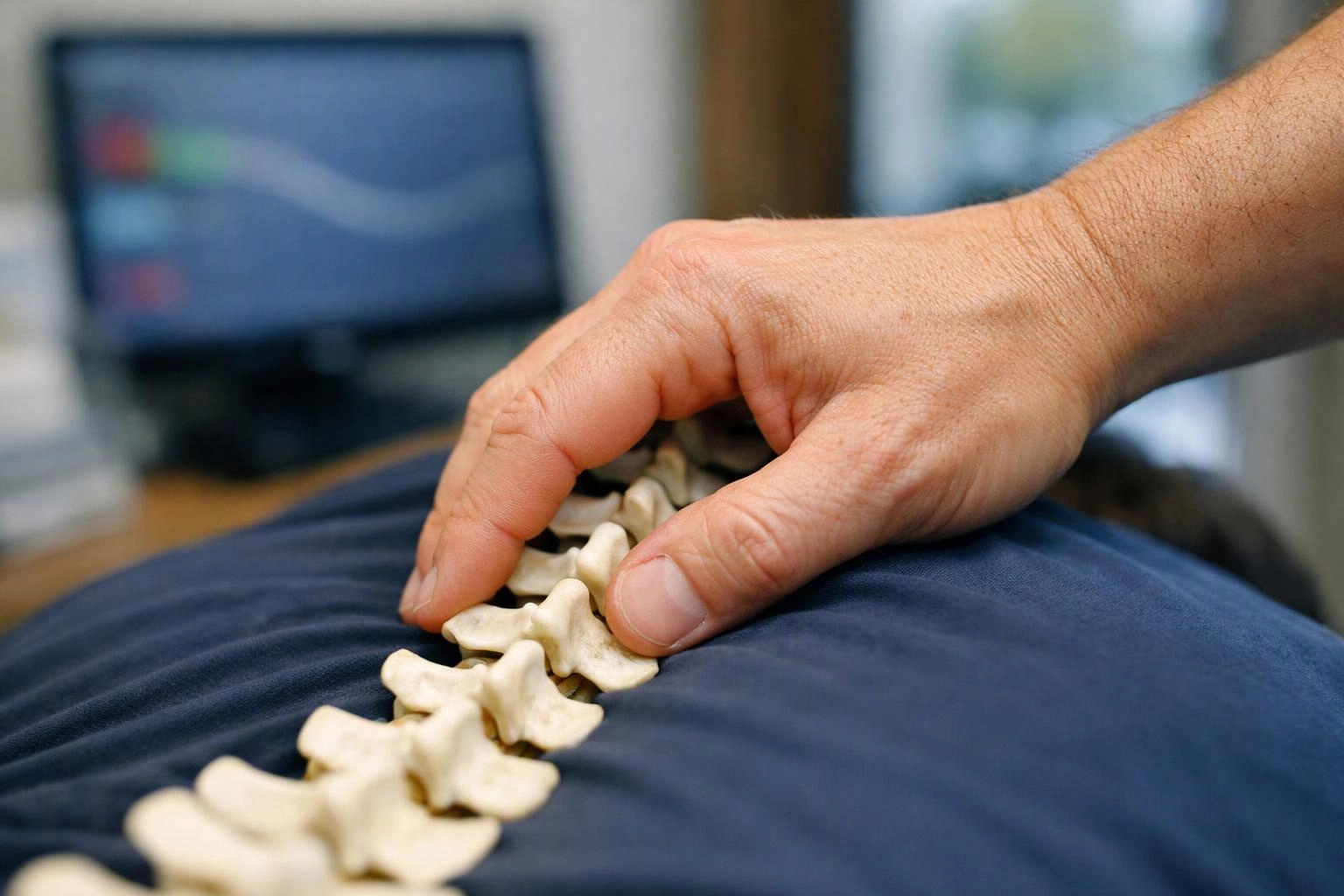 A hand presses along a spine model on a person lying face down in a clinic setting