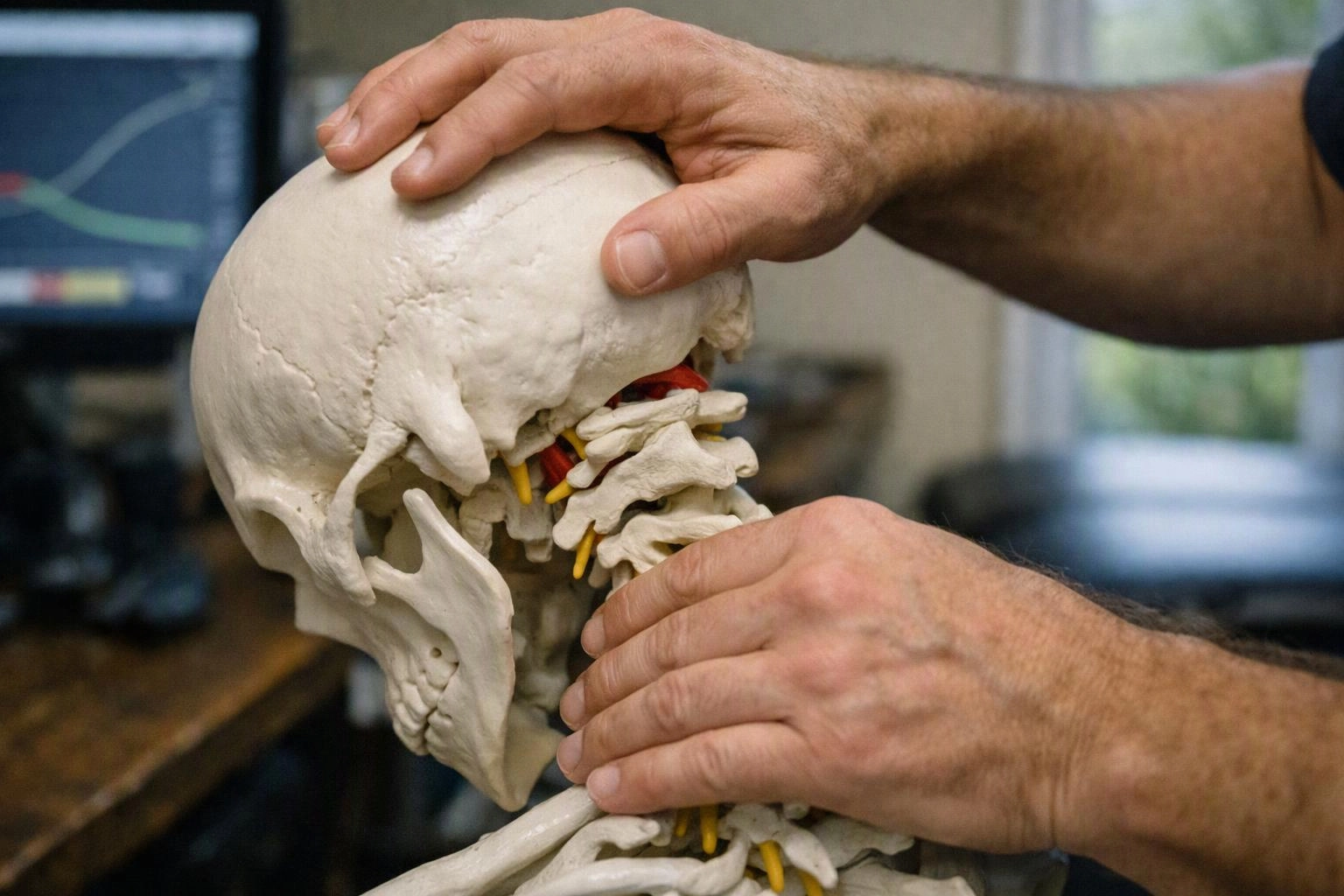 Hands hold a plastic human skull model with exposed neck bones in a lab setting