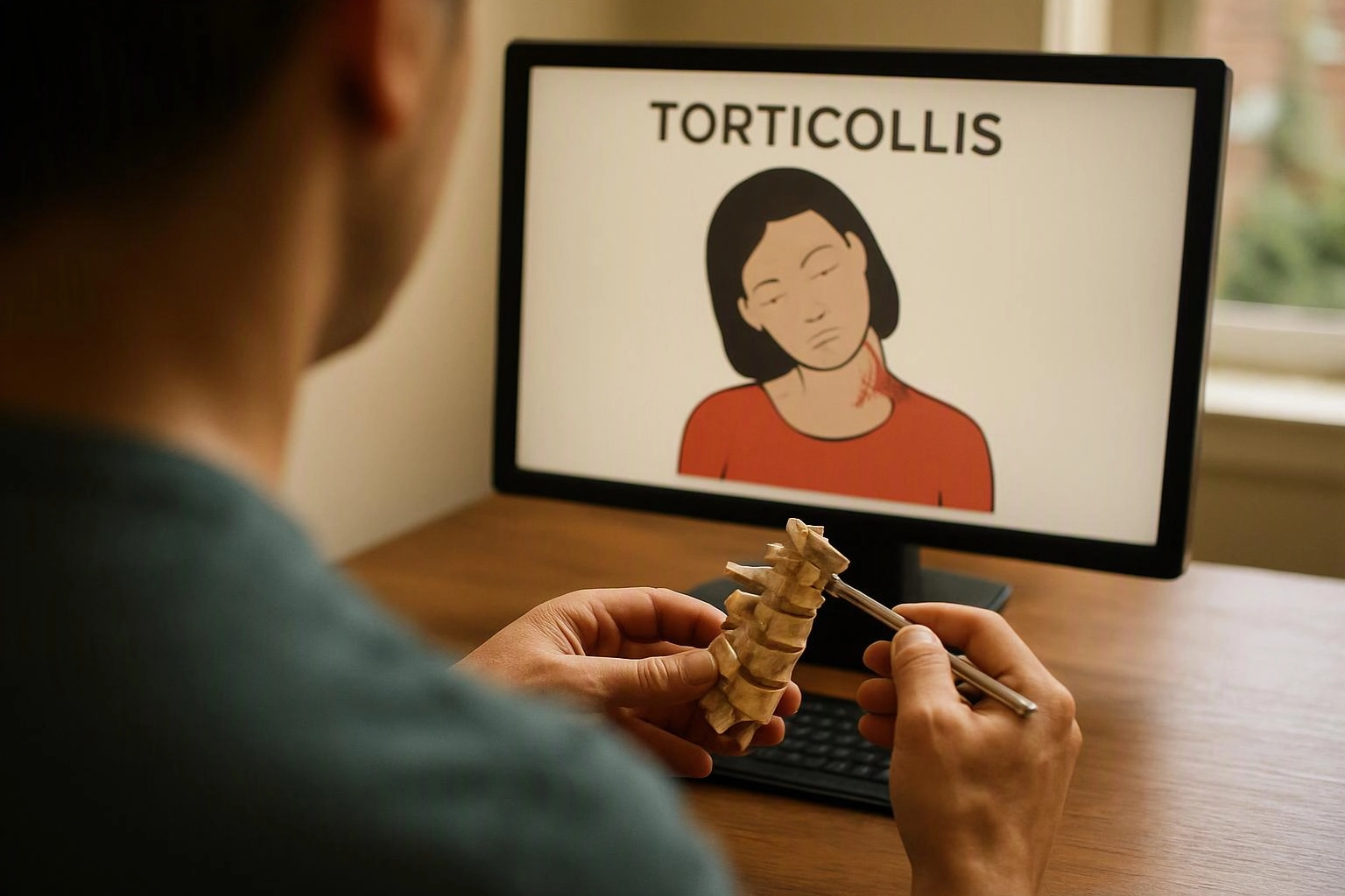 A person holds a spine model and pen while viewing a screen labeled torticollis with a neck illustration