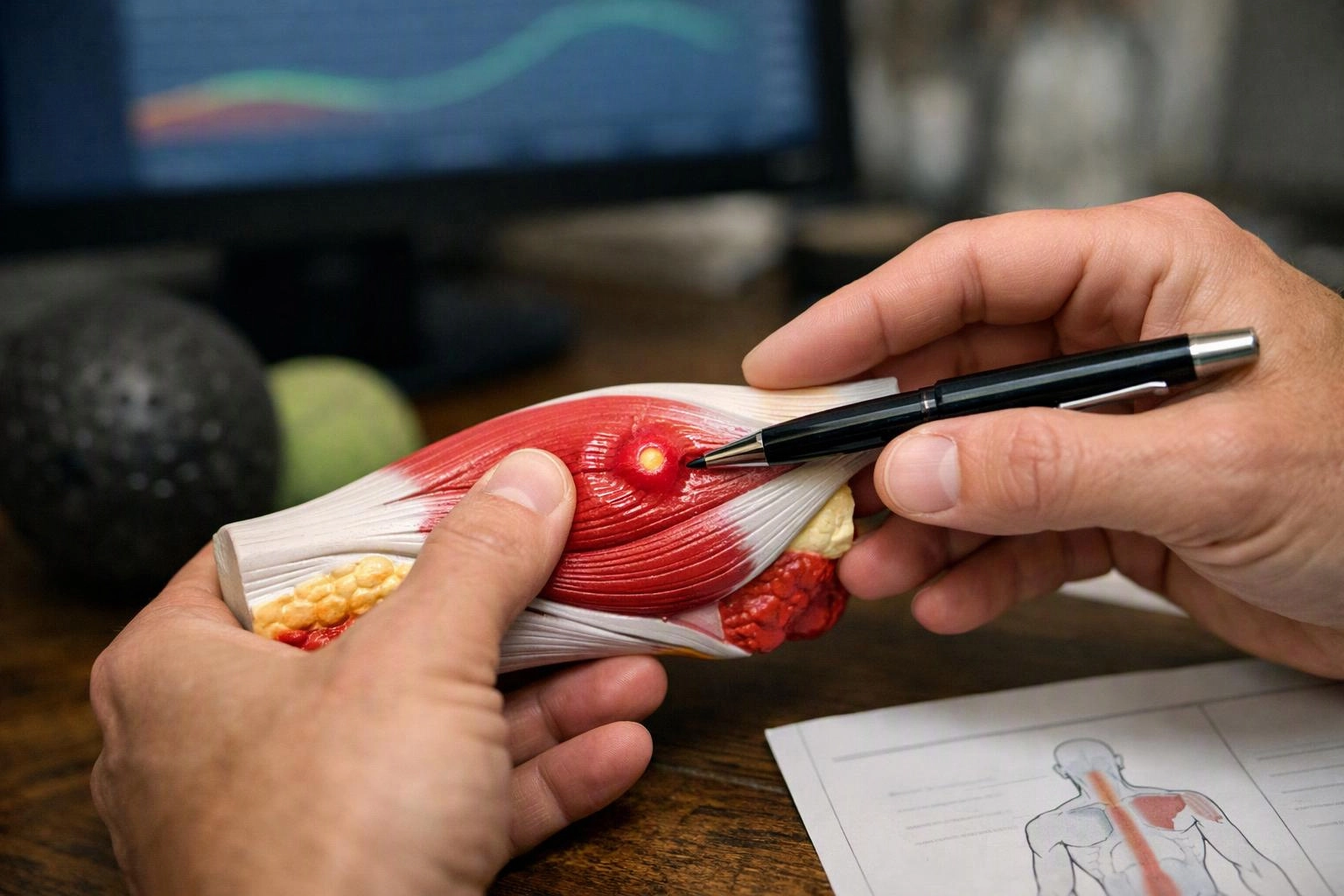 Hands hold a muscle anatomy model while a pen points to a red spot on it at a desk