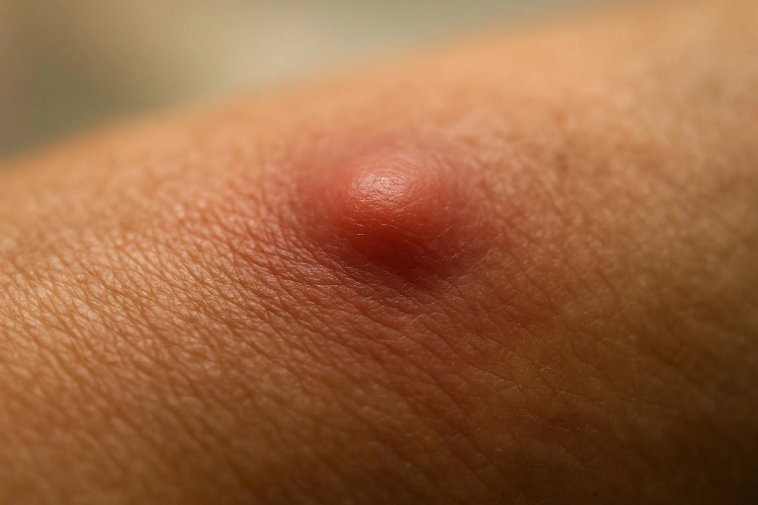 A close-up shows a raised red bump on textured skin against a blurred background