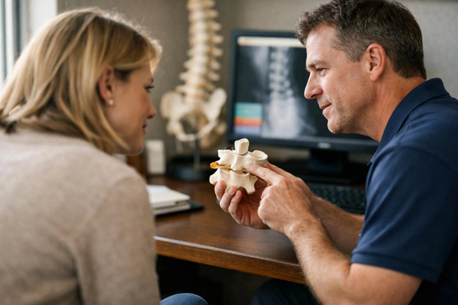 A doctor shows a woman a spine model beside an X-ray monitor in a clinic office