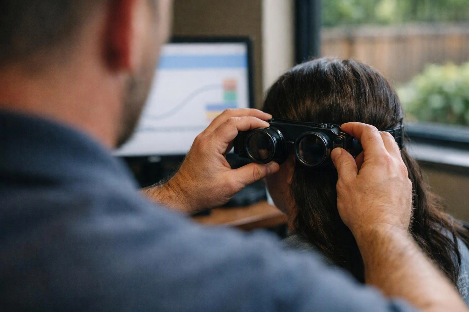 A man adjusts goggles on a seated person’s head in front of a blurred computer screen