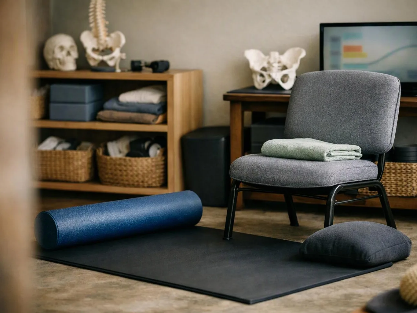 A gray chair with folded towel sits beside a yoga mat, foam roller, and cushion in a calm room