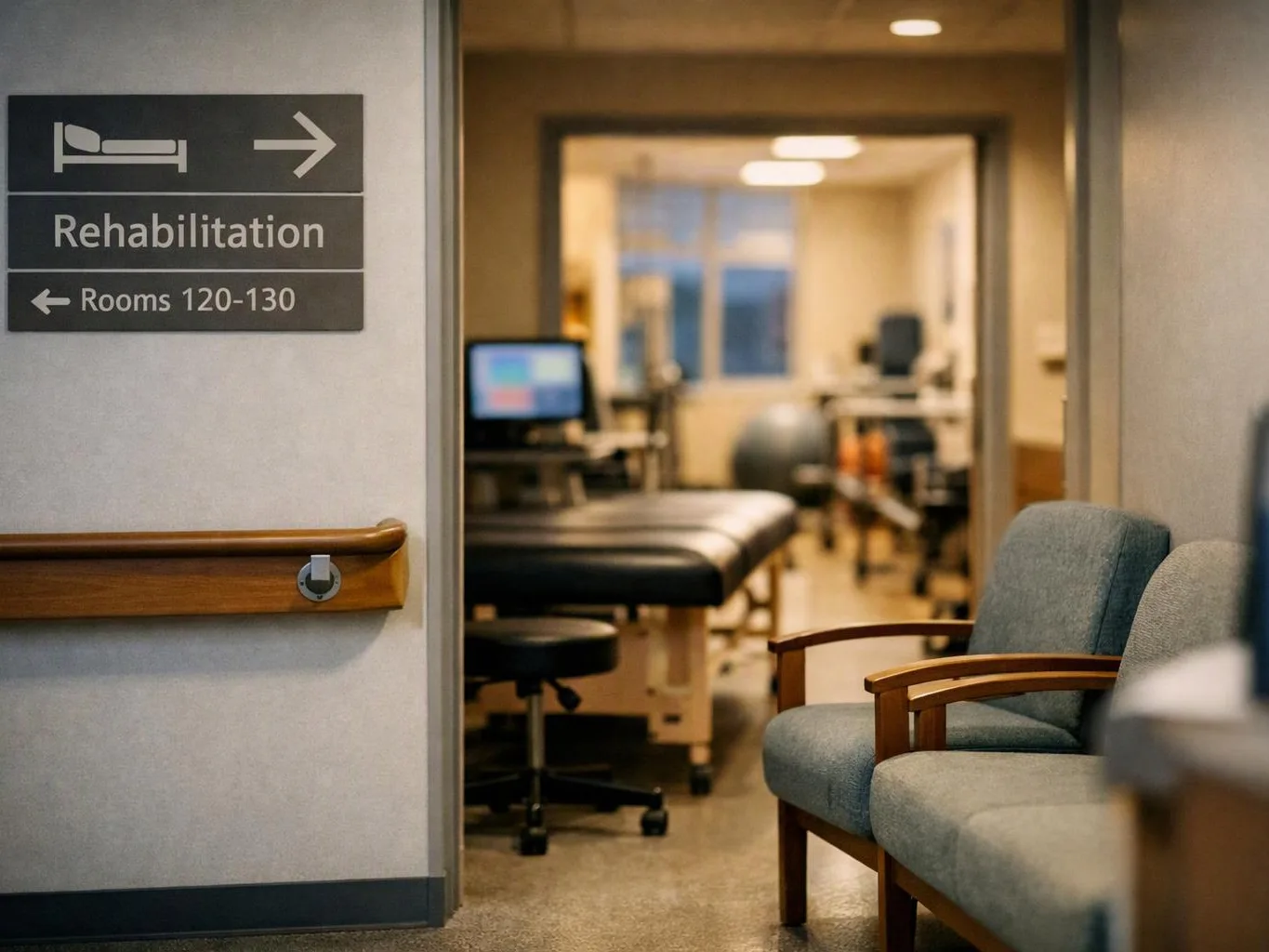 A hallway sign points to rehabilitation rooms beside a doorway into a therapy room with chairs and treatment tables