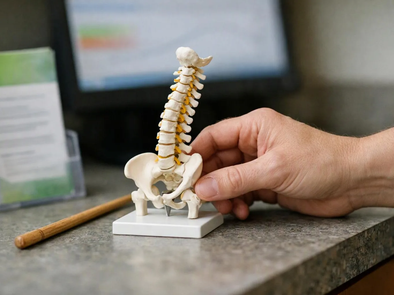 A hand adjusts a small spine model on a desk, with a pencil and blurred screen behind it