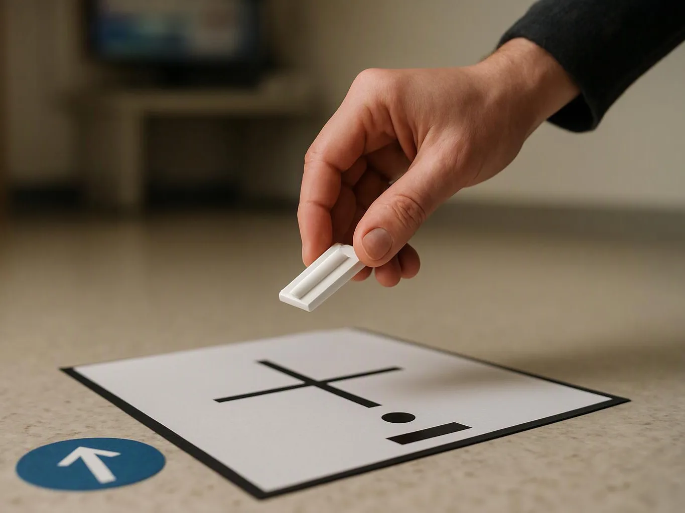 A hand drops a white block onto a floor card marked with a plus sign and dot-like shapes