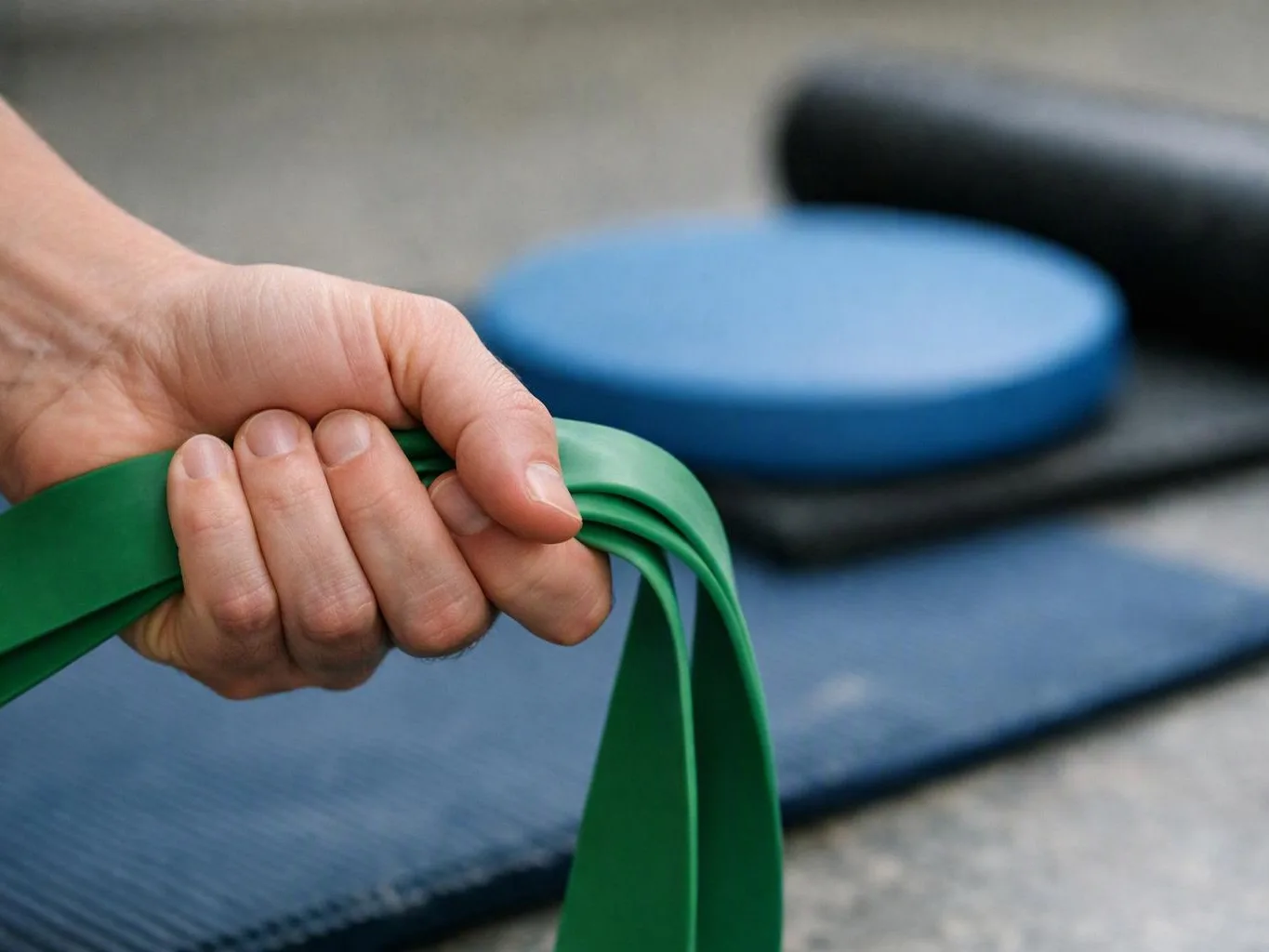 A hand grips a green resistance band above blue exercise balance pads on the floor