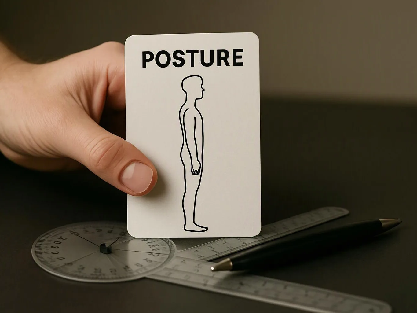 A hand holds a card labeled “POSTURE” with a side-view body icon above drafting tools on a desk
