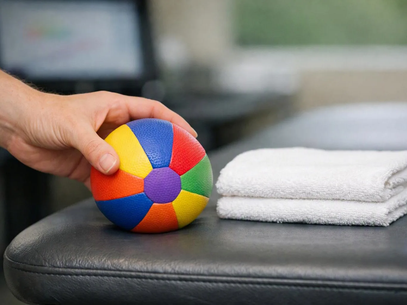 A hand holds a colorful therapy ball beside two folded white towels on a padded bench