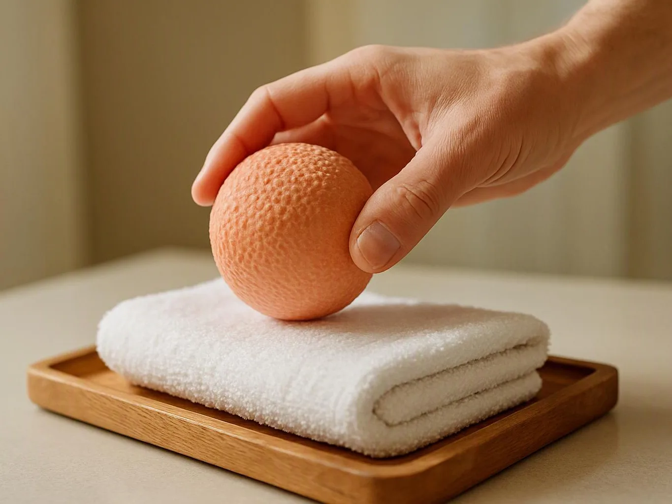 A hand holds a pink textured sphere above folded white towels on a wooden tray