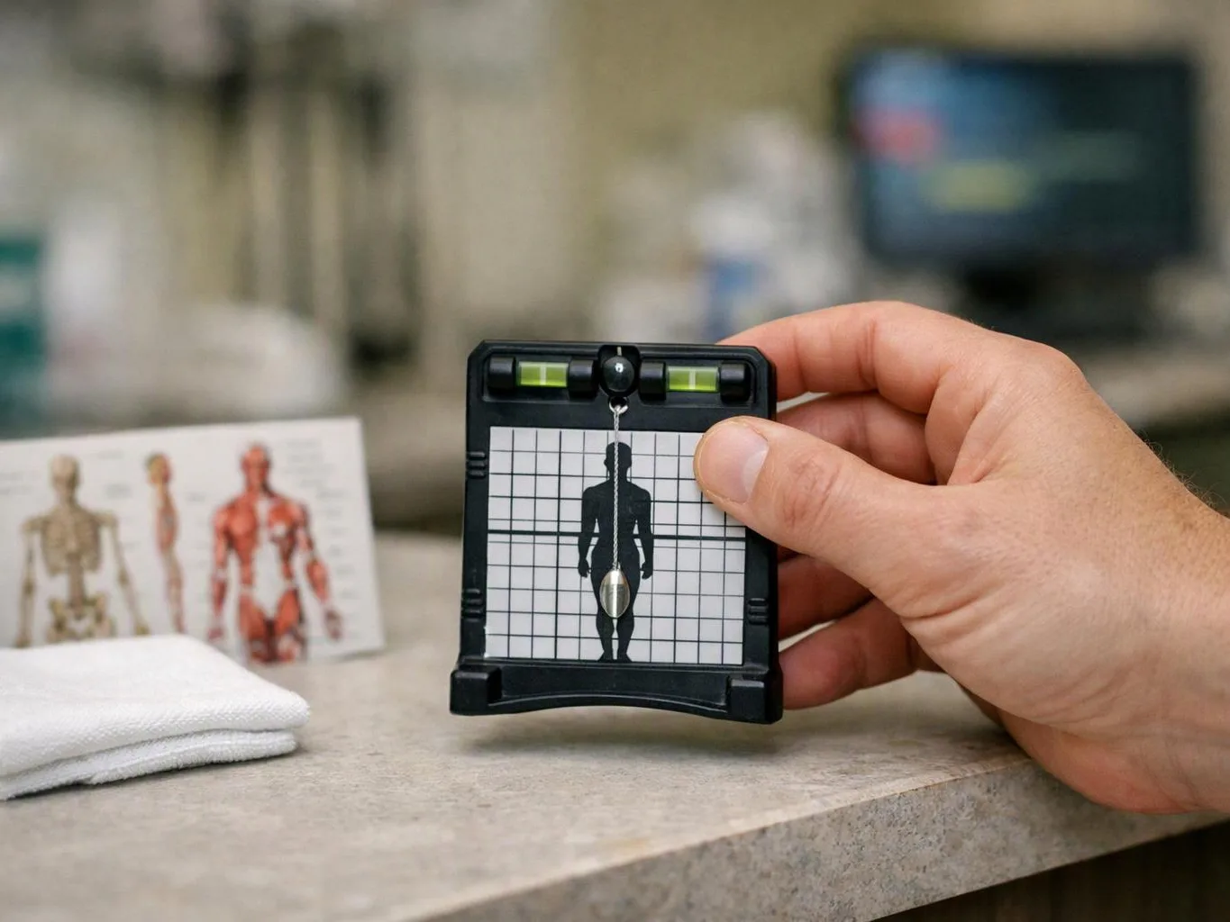 A hand holds a small level tool with a body silhouette over a countertop in a clinic room