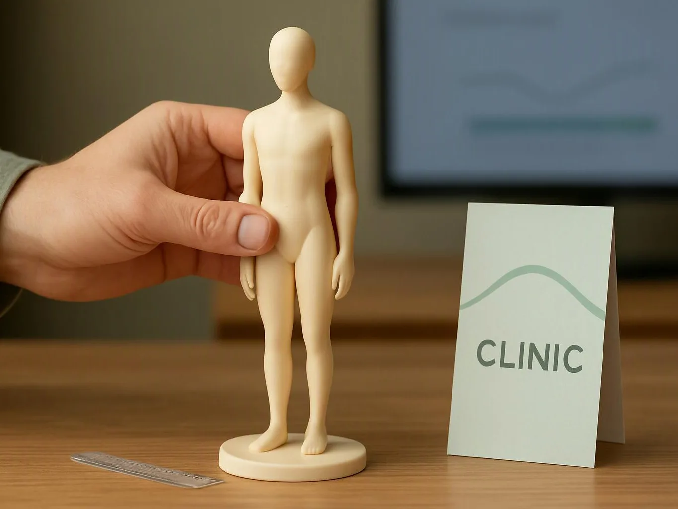 A hand holds a small mannequin figure beside a card labeled “CLINIC” on a wooden desk
