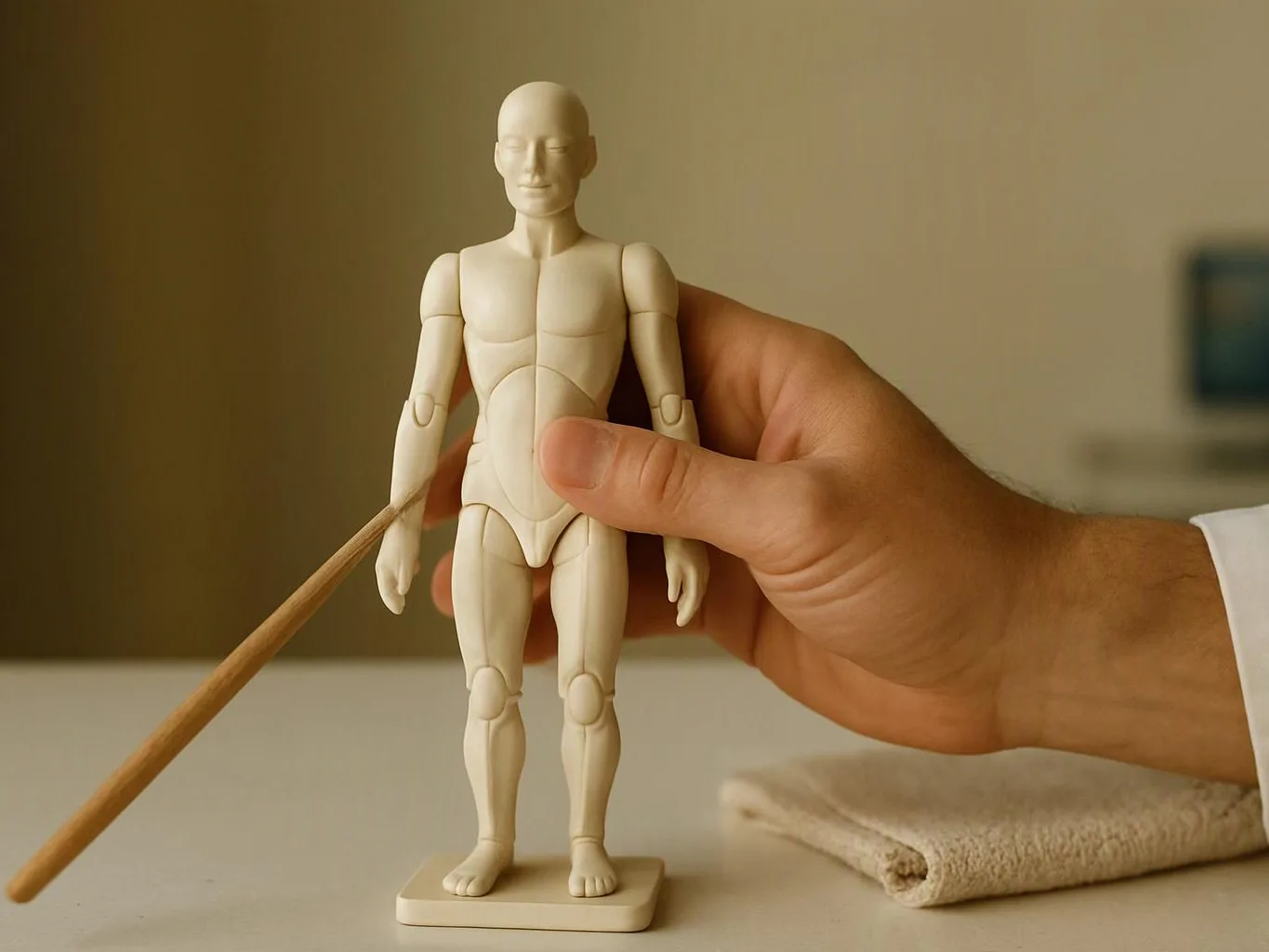 A hand holds a small wooden mannequin while a pointer touches its side on a table
