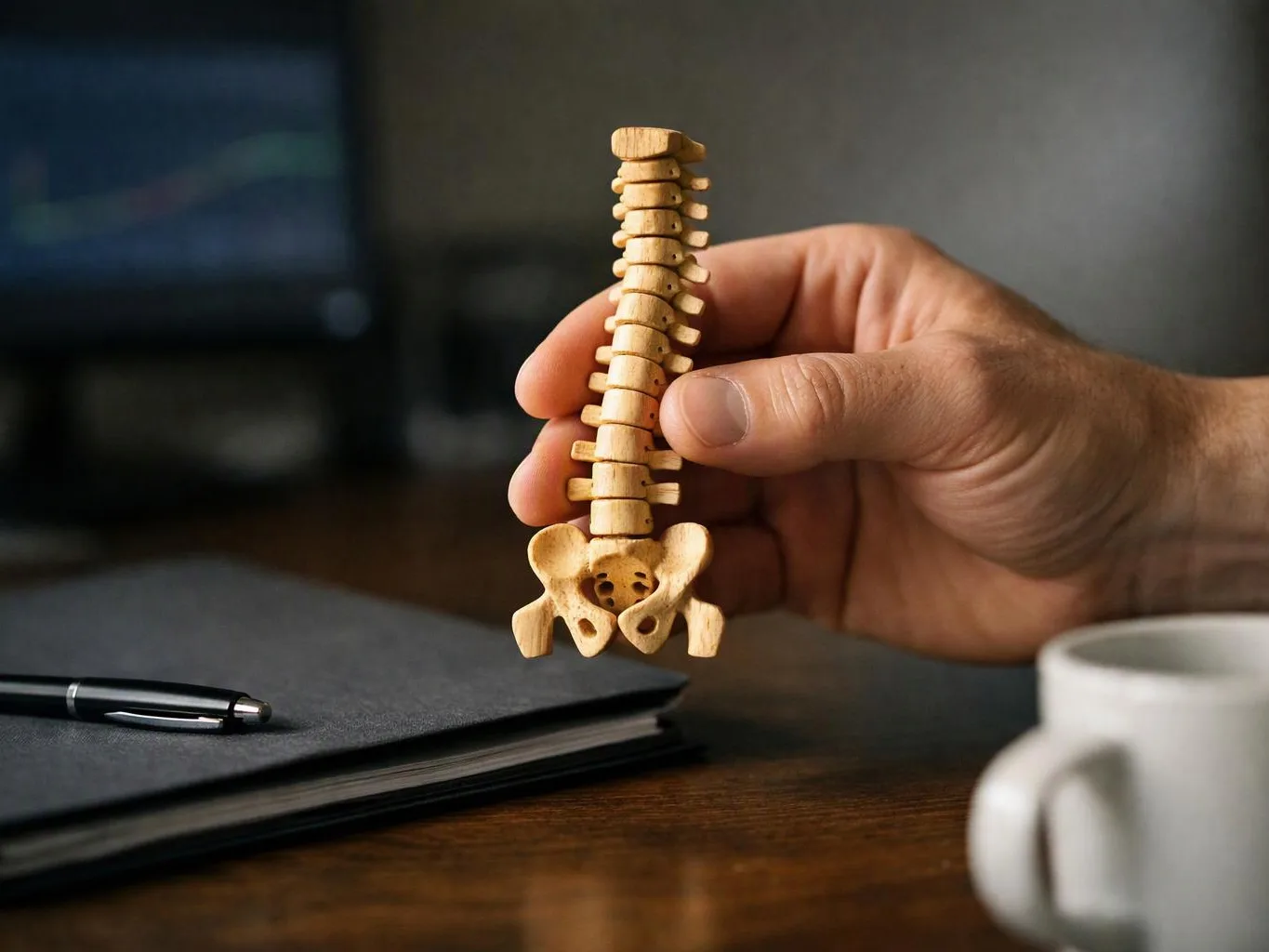 A hand holds a small wooden spine model above a desk with a notebook, pen, and coffee mug