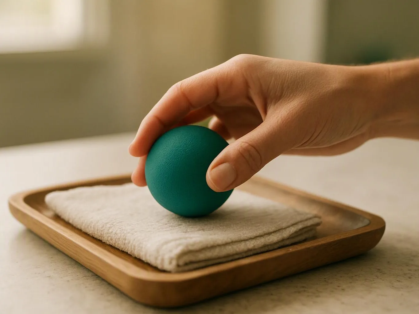 A hand holds a teal ball above a folded white cloth on a wooden tray