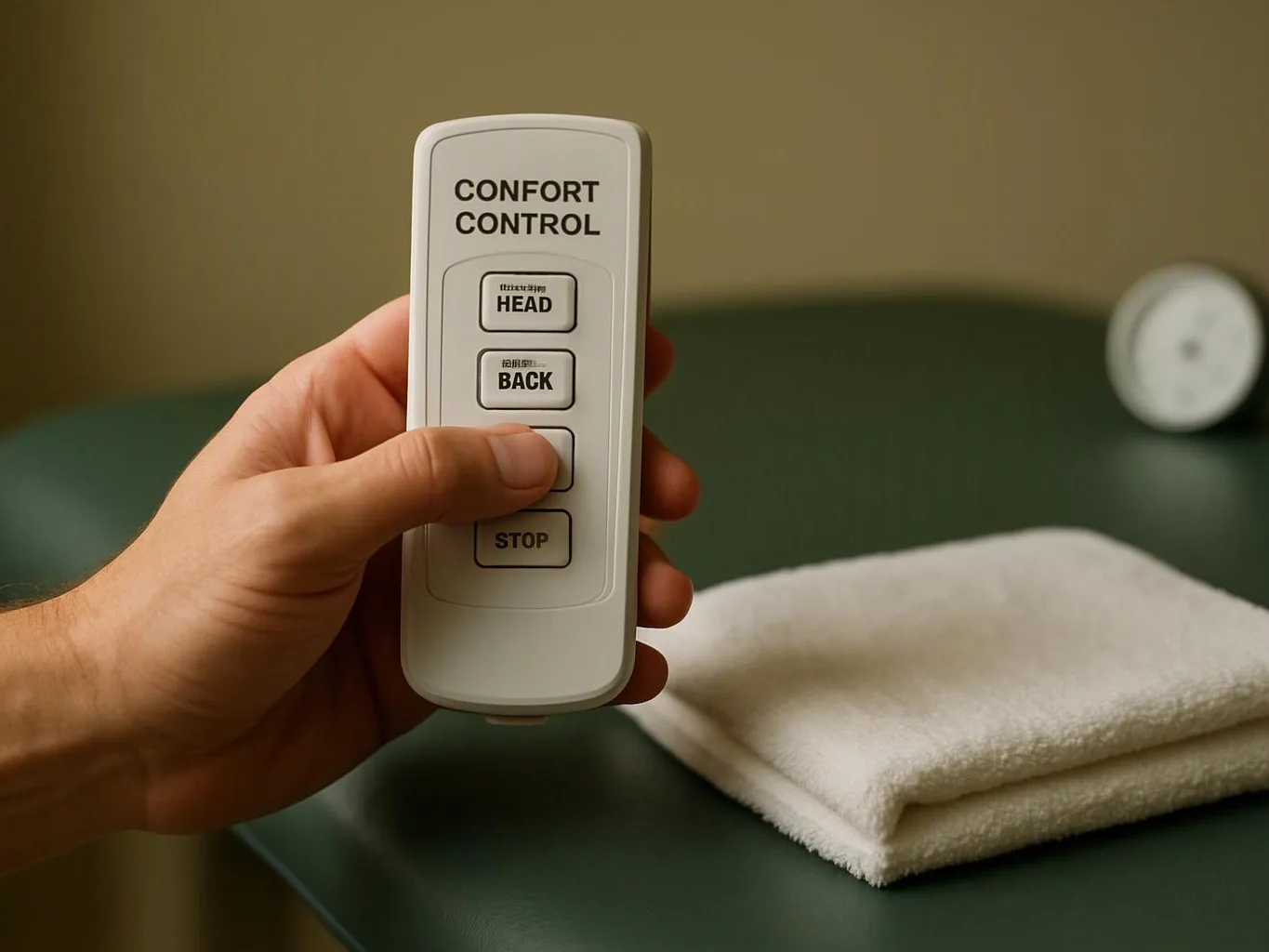 A hand holds a white bed control remote above a green surface with folded towels and a blurred clock in the background
