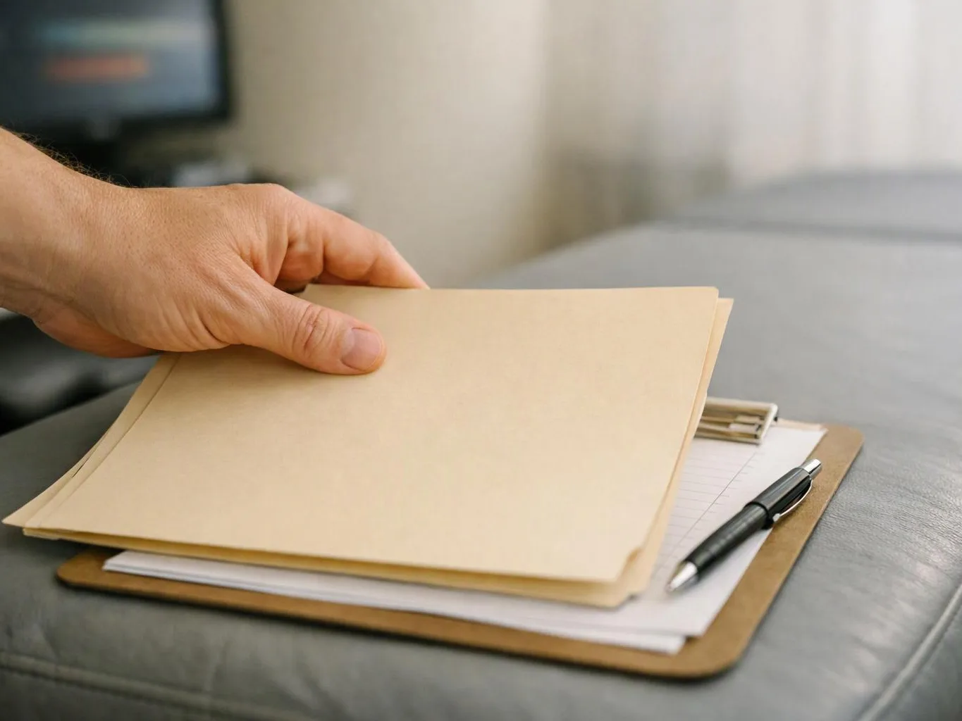 A hand lifts a stack of manila folders on a clipboard with a pen, resting on a gray couch