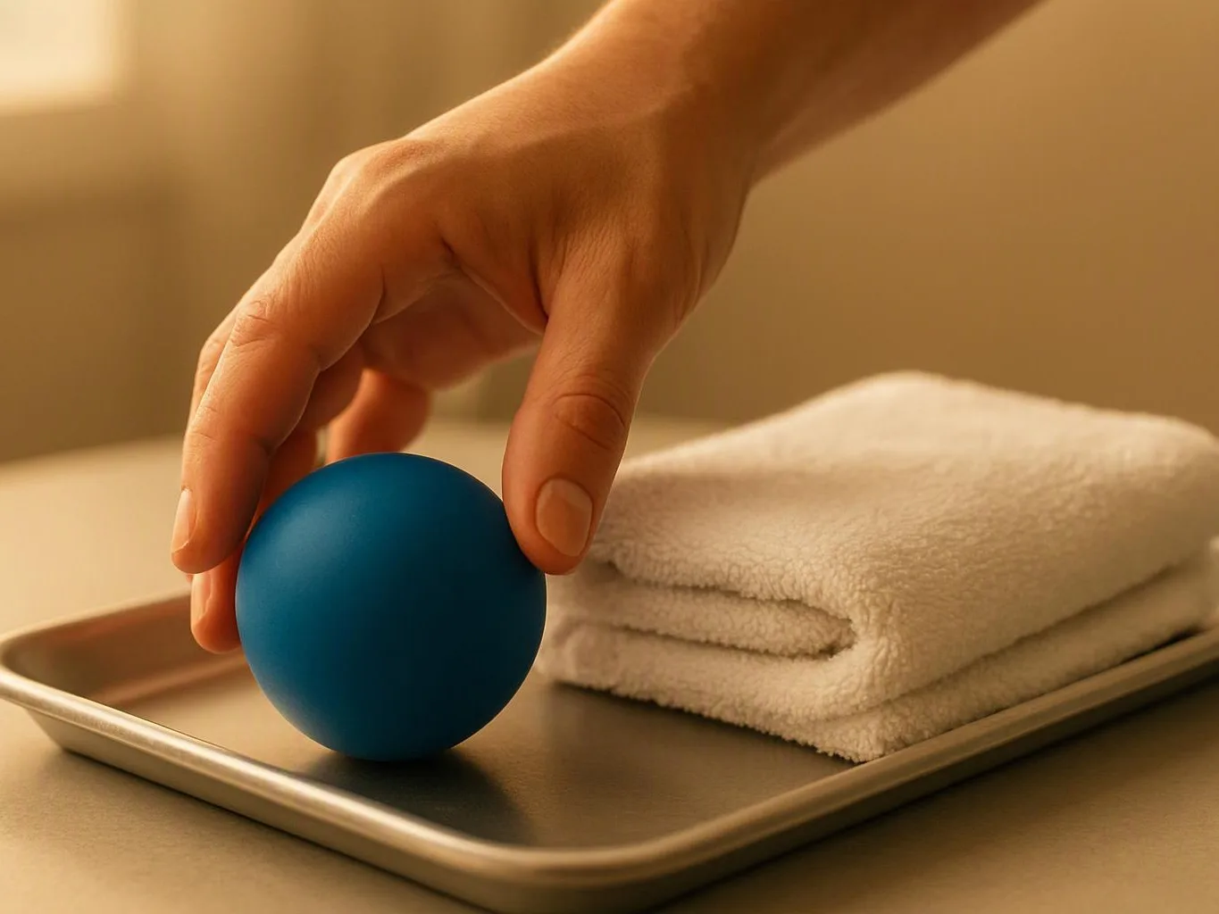 A hand places a blue ball beside folded white towels on a metal tray