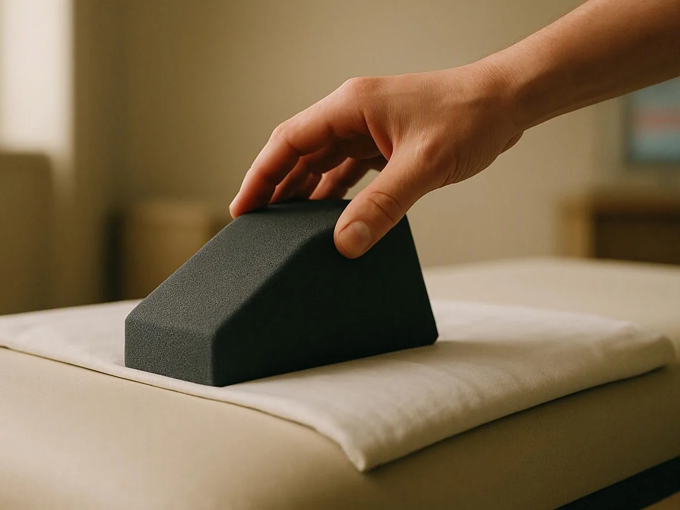 A hand places a dark foam block on a folded white cloth atop a beige surface