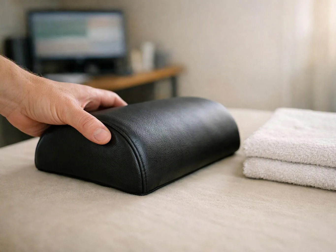 A hand presses a black curved cushion on a beige table beside folded white towels