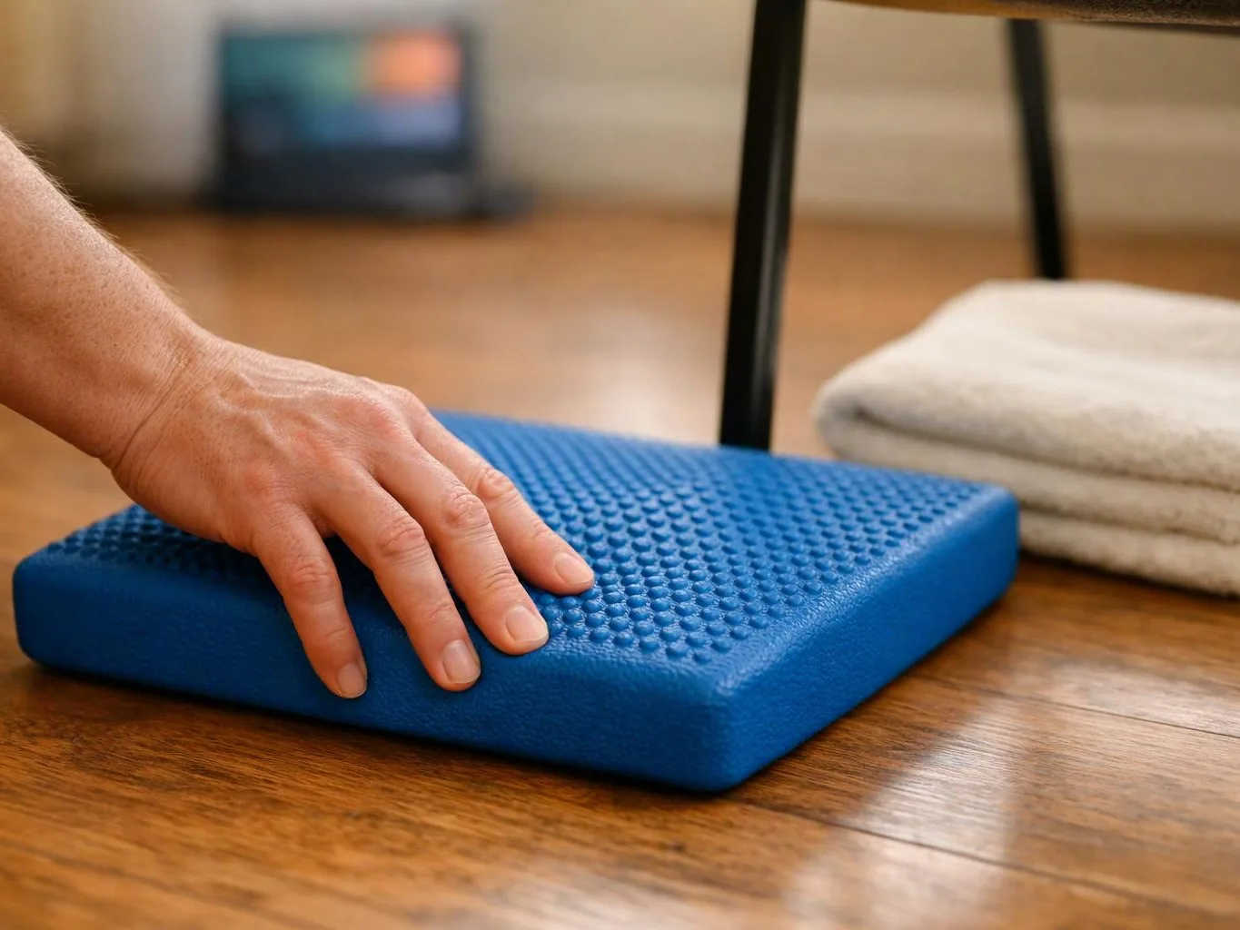 A hand presses a blue textured balance pad on a wooden floor beside folded towels