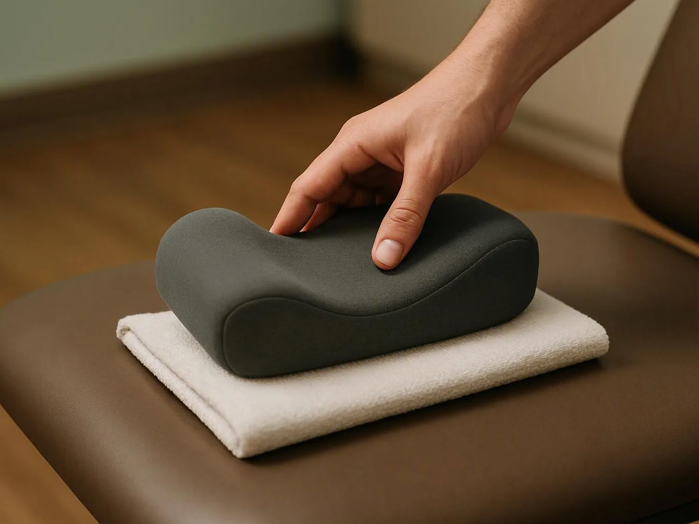 A hand presses a dark foam cushion on a folded white towel over a brown bench