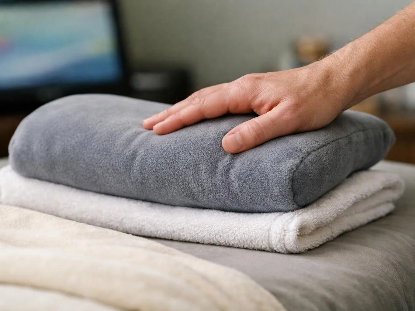 A hand presses a folded gray towel stack on a bed with a white towel underneath
