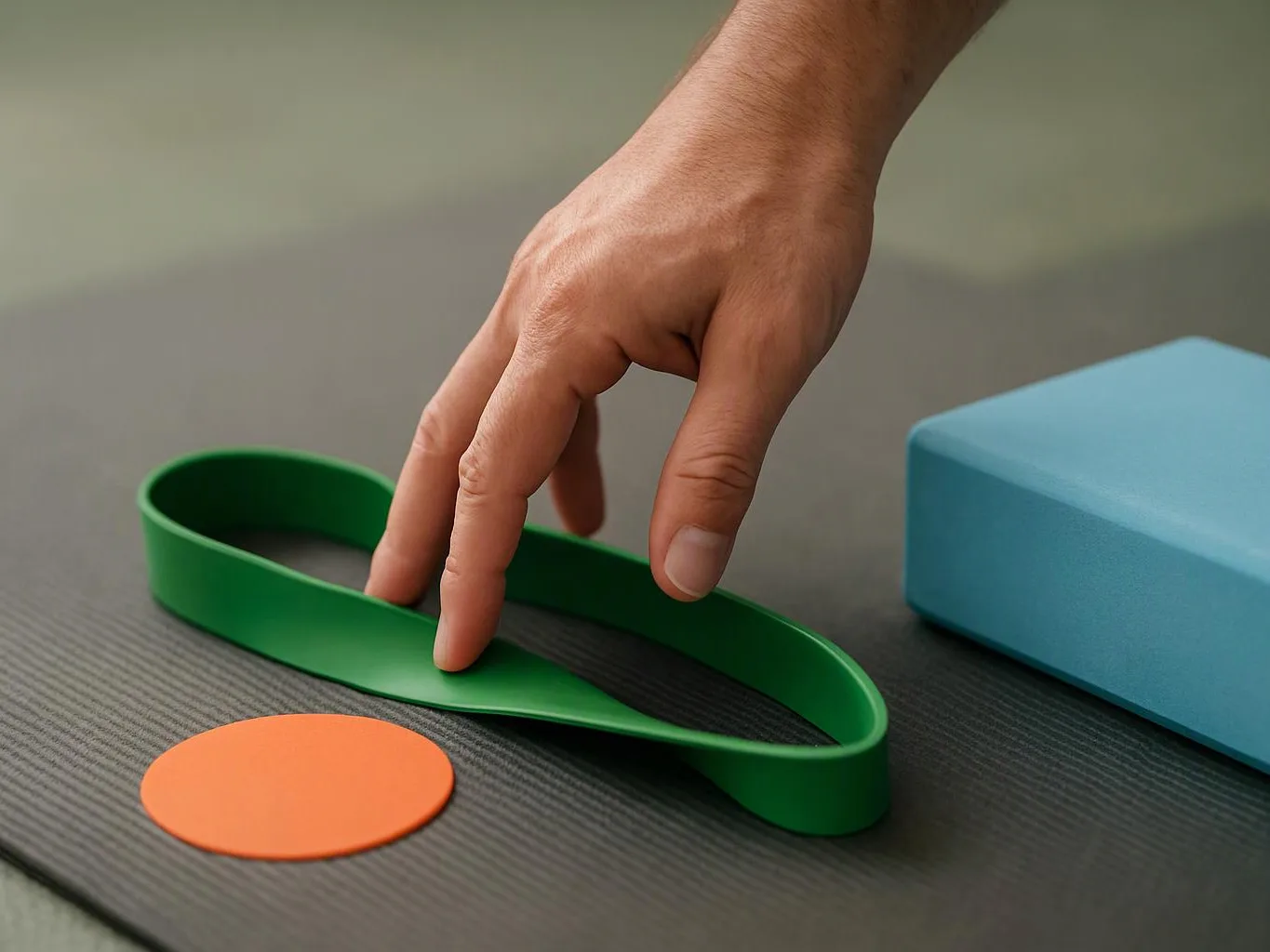 A hand reaches toward a green loop beside an orange circle and a blue block on a dark textured surface