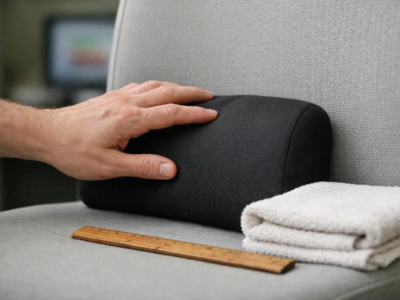 A hand rests on a black cylindrical cushion beside a folded white towel and a wooden ruler on a gray chair