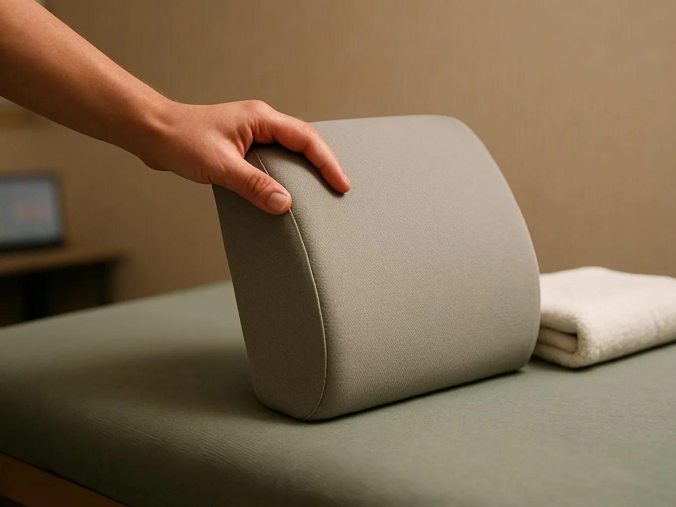 A hand steadies a gray foam cushion on a massage table beside a folded towel