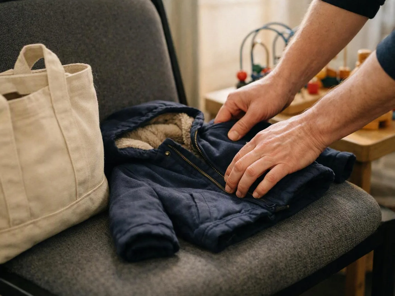 Hands fold a navy hooded jacket on a gray chair beside a canvas tote bag and toys