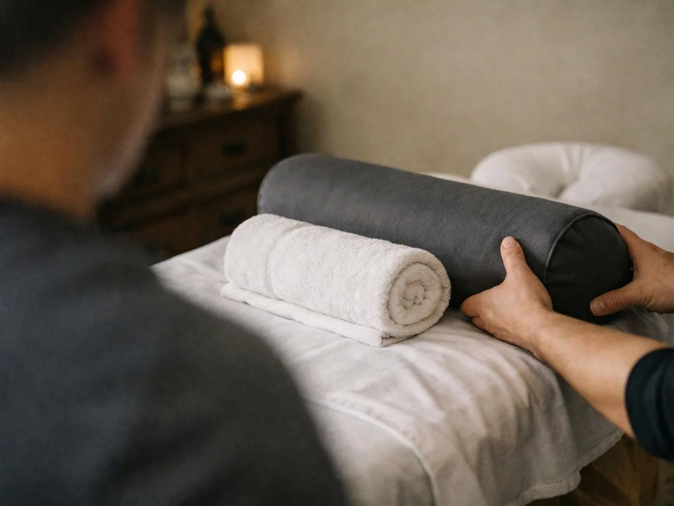 Hands place rolled towels and a dark cushion on a spa treatment bed in a soft room