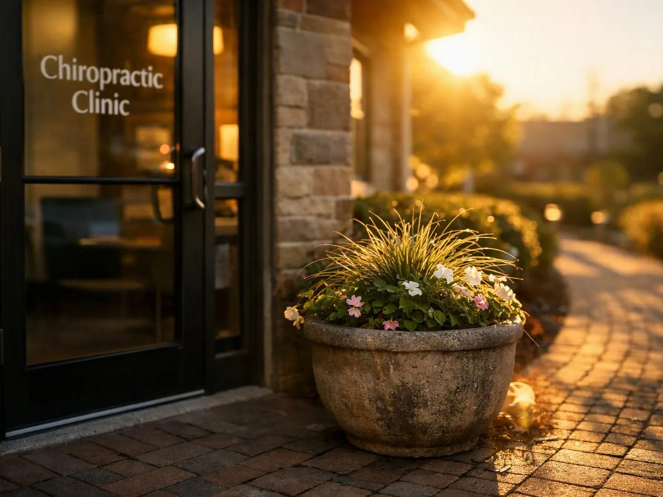 A sunlit entrance with a glass door labeled “Chiropractic Clinic” and a large flower planter on brick paving