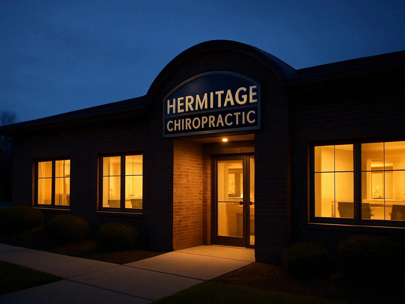 A lit chiropractic office building stands at dusk with glowing windows and a front entrance sign