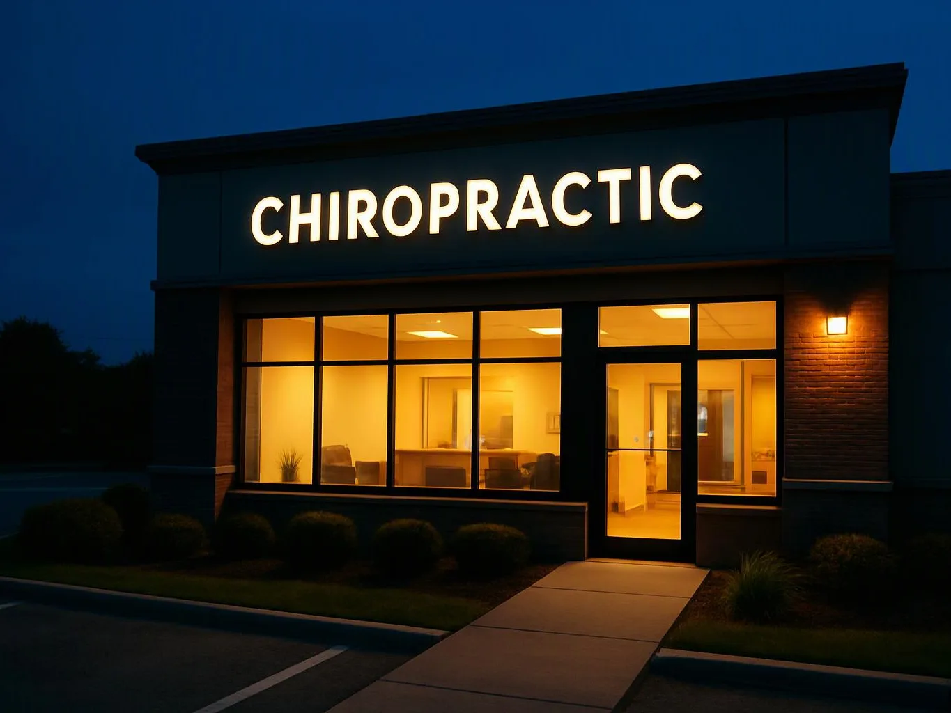 A lit chiropractic office exterior at night shows large windows, an illuminated sign, and a sidewalk entrance